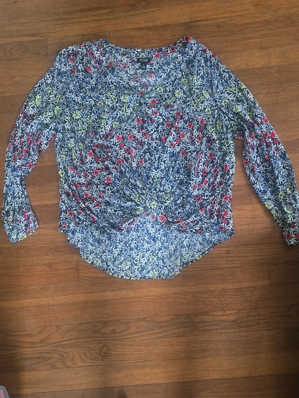 a.n.a Navy Floral Twist-Front Long Sleeve Top